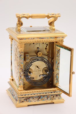 Lot 91 - E. MAURICE & CO, PARIS. A FINE QUALITY LATE 19TH CENTURY FRENCH CHAMPLEVE ENAMEL AND FILIGREE PANELLED REPEATING CARRIAGE CLOCK