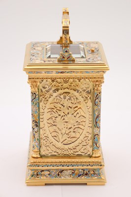 Lot 91 - E. MAURICE & CO, PARIS. A FINE QUALITY LATE 19TH CENTURY FRENCH CHAMPLEVE ENAMEL AND FILIGREE PANELLED REPEATING CARRIAGE CLOCK
