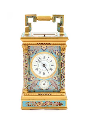 Lot 48 - A LATE 19TH CENTURY FRENCH CHAMPLEVE ENAMEL REPEATING CARRIAGE CLOCK