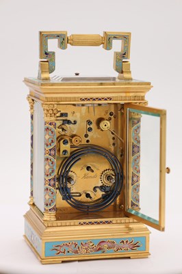 Lot 48 - A LATE 19TH CENTURY FRENCH CHAMPLEVE ENAMEL REPEATING CARRIAGE CLOCK