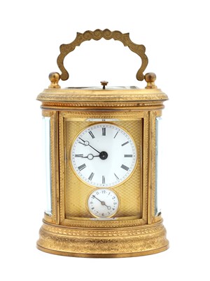 Lot 67 - JOSEPH SOLDANO. A LATE 19TH CENTURY FRENCH ENGRAVED GILT METAL REPEATING CARRIAGE CLOCK