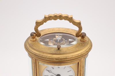Lot 67 - JOSEPH SOLDANO. A LATE 19TH CENTURY FRENCH ENGRAVED GILT METAL REPEATING CARRIAGE CLOCK