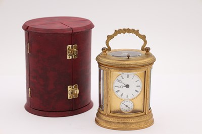 Lot 67 - JOSEPH SOLDANO. A LATE 19TH CENTURY FRENCH ENGRAVED GILT METAL REPEATING CARRIAGE CLOCK