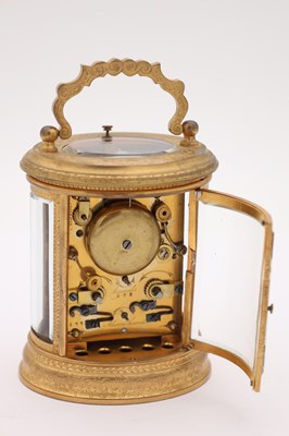Lot 67 - JOSEPH SOLDANO. A LATE 19TH CENTURY FRENCH ENGRAVED GILT METAL REPEATING CARRIAGE CLOCK