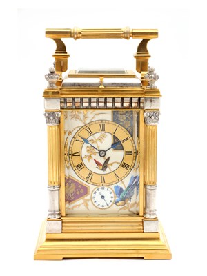 Lot 200 - A FINE LATE 19TH CENTURY FRENCH SILVERED GILT AND PORCELAIN REPEATING CARRIAGE CLOCK IN THE JAPANESE STYLE