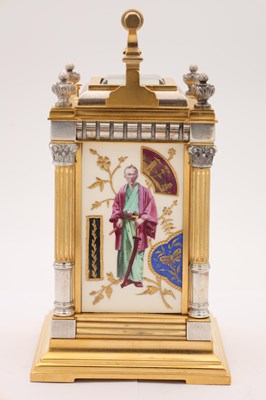 Lot 200 - A FINE LATE 19TH CENTURY FRENCH SILVERED GILT AND PORCELAIN REPEATING CARRIAGE CLOCK IN THE JAPANESE STYLE