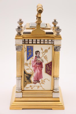 Lot 200 - A FINE LATE 19TH CENTURY FRENCH SILVERED GILT AND PORCELAIN REPEATING CARRIAGE CLOCK IN THE JAPANESE STYLE
