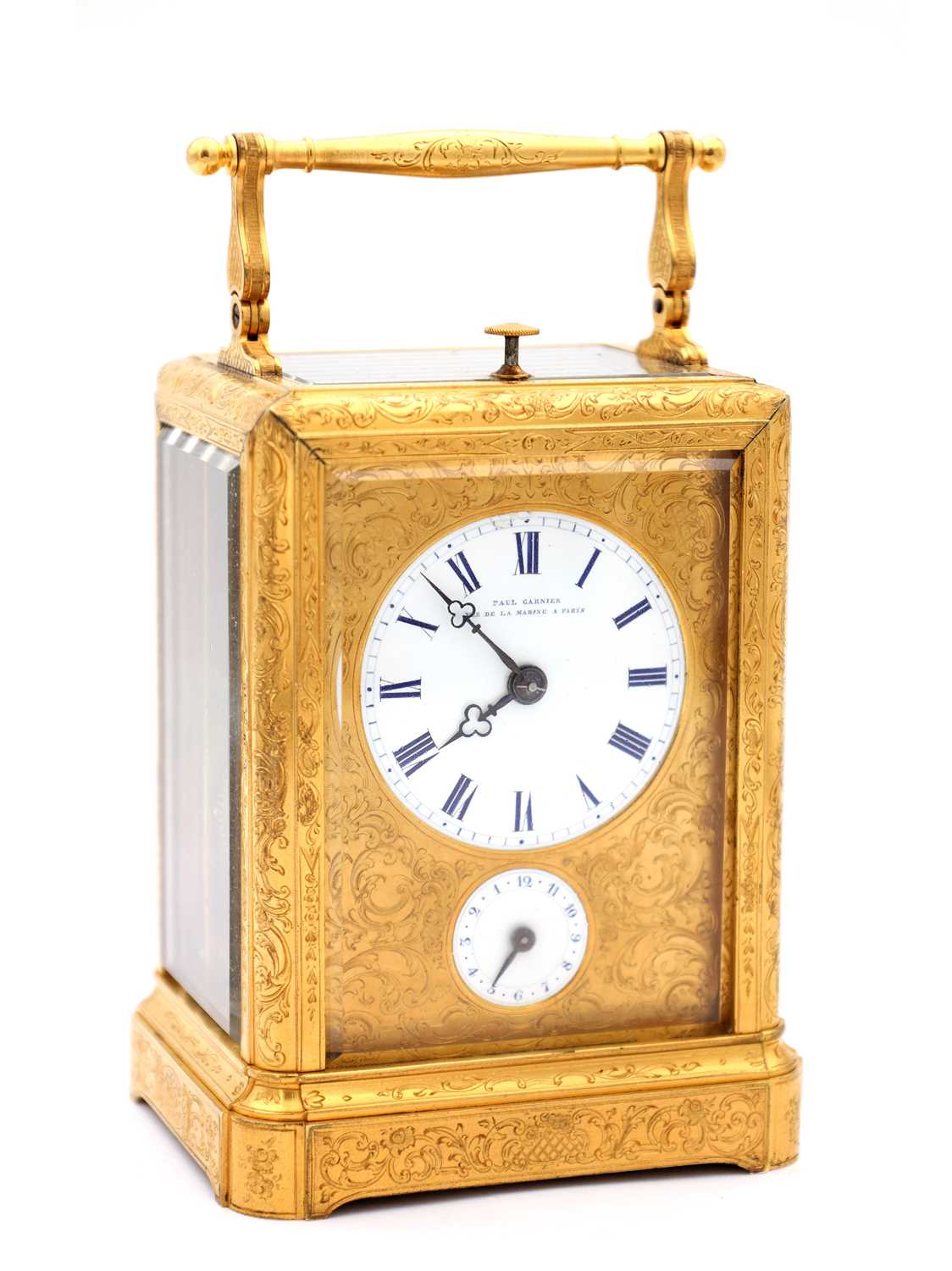 Lot 138 - PAUL GARNIER. A MID 19TH CENTURY FRENCH ENGRAVED GILT BRASS REPEATING CARRIAGE CLOCK