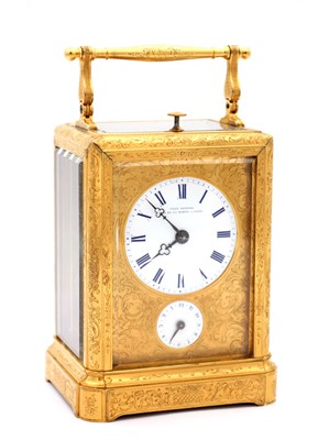Lot 138 - PAUL GARNIER. A MID 19TH CENTURY FRENCH ENGRAVED GILT BRASS REPEATING CARRIAGE CLOCK
