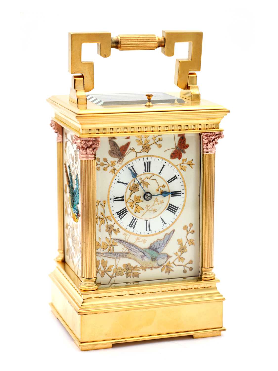 Lot 53 - AN UNUSUAL LATE 19TH CENTURY FRENCH PORCELAIN AND RAISED JEWELLED PANELLED REPEATING CARRIAGE CLOCK