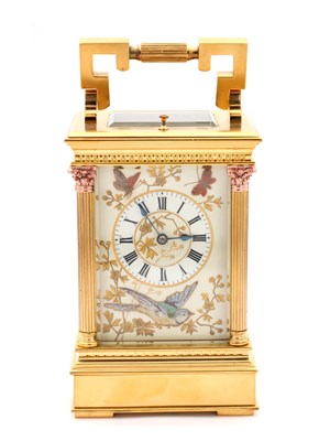 Lot 53 - AN UNUSUAL LATE 19TH CENTURY FRENCH PORCELAIN AND RAISED JEWELLED PANELLED REPEATING CARRIAGE CLOCK