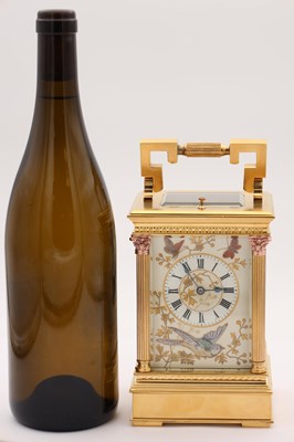 Lot 53 - AN UNUSUAL LATE 19TH CENTURY FRENCH PORCELAIN AND RAISED JEWELLED PANELLED REPEATING CARRIAGE CLOCK