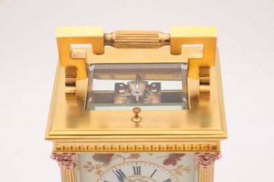 Lot 53 - AN UNUSUAL LATE 19TH CENTURY FRENCH PORCELAIN AND RAISED JEWELLED PANELLED REPEATING CARRIAGE CLOCK