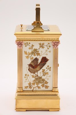 Lot 53 - AN UNUSUAL LATE 19TH CENTURY FRENCH PORCELAIN AND RAISED JEWELLED PANELLED REPEATING CARRIAGE CLOCK