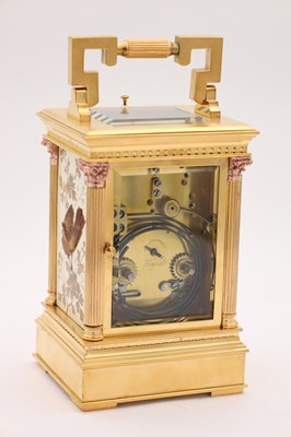 Lot 53 - AN UNUSUAL LATE 19TH CENTURY FRENCH PORCELAIN AND RAISED JEWELLED PANELLED REPEATING CARRIAGE CLOCK