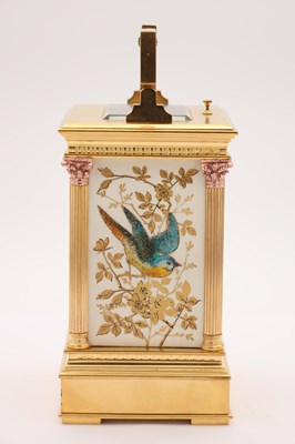 Lot 53 - AN UNUSUAL LATE 19TH CENTURY FRENCH PORCELAIN AND RAISED JEWELLED PANELLED REPEATING CARRIAGE CLOCK