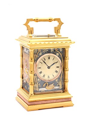 Lot 54 - A FINE LATE 19TH CENTURY FRENCH REPEATING CARRIAGE CLOCK WITH BRONZE AND GILT HIGHLIGHTED ORIENTALIST PANELS