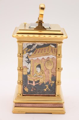 Lot 54 - A FINE LATE 19TH CENTURY FRENCH REPEATING CARRIAGE CLOCK WITH BRONZE AND GILT HIGHLIGHTED ORIENTALIST PANELS