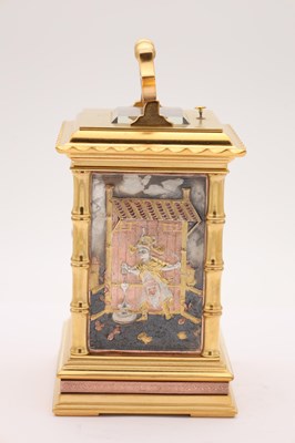 Lot 54 - A FINE LATE 19TH CENTURY FRENCH REPEATING CARRIAGE CLOCK WITH BRONZE AND GILT HIGHLIGHTED ORIENTALIST PANELS