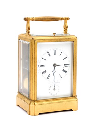 Lot 191 - RAINGO A PARIS A MID-19TH CENTURY GILT ONE-PIECE CASE GRAND SONNERIE CARRIAGE CLOCK