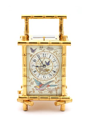 Lot 127 - ACHILLE BROCOT, PARIS. A FINE LATE 19TH CENTURY GILT BRASS AND PORCELAIN PANELLED REPEATING CARRIAGE CLOCK IN THE JAPANESE STYLE