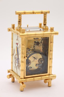 Lot 127 - ACHILLE BROCOT, PARIS. A FINE LATE 19TH CENTURY GILT BRASS AND PORCELAIN PANELLED REPEATING CARRIAGE CLOCK IN THE JAPANESE STYLE