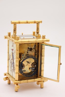 Lot 127 - ACHILLE BROCOT, PARIS. A FINE LATE 19TH CENTURY GILT BRASS AND PORCELAIN PANELLED REPEATING CARRIAGE CLOCK IN THE JAPANESE STYLE