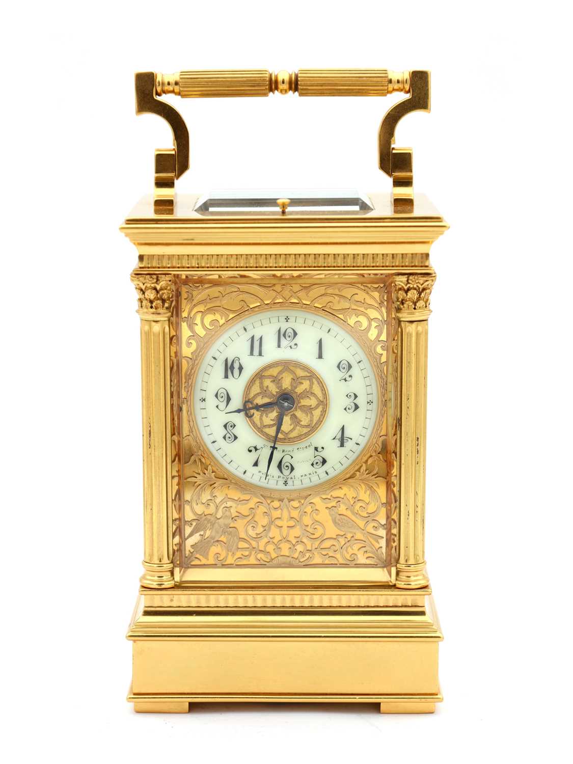 Lot 161 - A RARE LATE 19TH CENTURY FRENCH LEROY & FILS, PARIS GILT BRASS BOTTOM WINDING FILIGREE PANELLED REPEATING CARRIAGE CLOCK