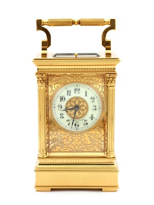 Lot 161 - A RARE LATE 19TH CENTURY FRENCH LEROY & FILS, PARIS GILT BRASS BOTTOM WINDING FILIGREE PANELLED REPEATING CARRIAGE CLOCK