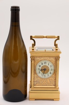 Lot 161 - A RARE LATE 19TH CENTURY FRENCH LEROY & FILS, PARIS GILT BRASS BOTTOM WINDING FILIGREE PANELLED REPEATING CARRIAGE CLOCK