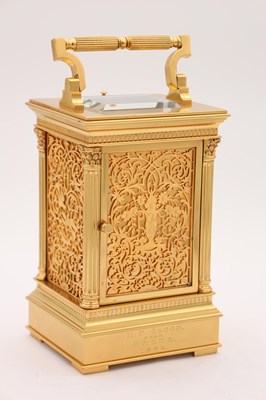 Lot 161 - A RARE LATE 19TH CENTURY FRENCH LEROY & FILS, PARIS GILT BRASS BOTTOM WINDING FILIGREE PANELLED REPEATING CARRIAGE CLOCK