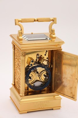 Lot 161 - A RARE LATE 19TH CENTURY FRENCH LEROY & FILS, PARIS GILT BRASS BOTTOM WINDING FILIGREE PANELLED REPEATING CARRIAGE CLOCK