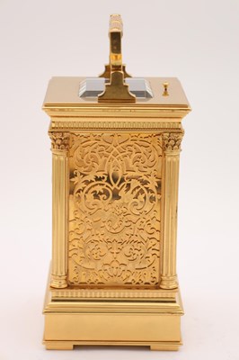 Lot 161 - A RARE LATE 19TH CENTURY FRENCH LEROY & FILS, PARIS GILT BRASS BOTTOM WINDING FILIGREE PANELLED REPEATING CARRIAGE CLOCK