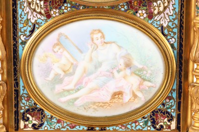 Lot 74 - A GOOD QUALITY LATE 19TH CENTURY FRENCH GILT CASED CHAMPLEVE ENAMEL AND PORCELAIN PANELLED CLOCK GARNITURE
