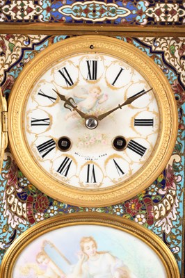 Lot 74 - A GOOD QUALITY LATE 19TH CENTURY FRENCH GILT CASED CHAMPLEVE ENAMEL AND PORCELAIN PANELLED CLOCK GARNITURE