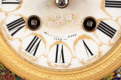 Lot 74 - A GOOD QUALITY LATE 19TH CENTURY FRENCH GILT CASED CHAMPLEVE ENAMEL AND PORCELAIN PANELLED CLOCK GARNITURE