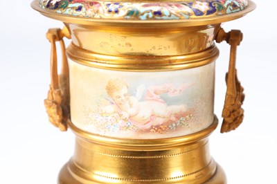 Lot 74 - A GOOD QUALITY LATE 19TH CENTURY FRENCH GILT CASED CHAMPLEVE ENAMEL AND PORCELAIN PANELLED CLOCK GARNITURE