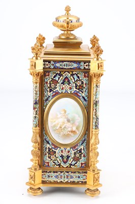 Lot 74 - A GOOD QUALITY LATE 19TH CENTURY FRENCH GILT CASED CHAMPLEVE ENAMEL AND PORCELAIN PANELLED CLOCK GARNITURE