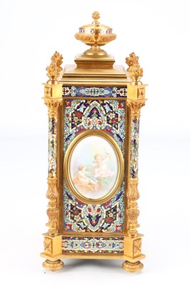 Lot 74 - A GOOD QUALITY LATE 19TH CENTURY FRENCH GILT CASED CHAMPLEVE ENAMEL AND PORCELAIN PANELLED CLOCK GARNITURE