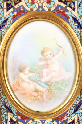 Lot 74 - A GOOD QUALITY LATE 19TH CENTURY FRENCH GILT CASED CHAMPLEVE ENAMEL AND PORCELAIN PANELLED CLOCK GARNITURE