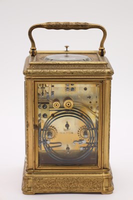 Lot 105 - DROCOURT PARIS, A LATE 19TH CENTURY FRENCH ENGRAVED GILT BRASS GORGE CASE REPEATING CARRIAGE CLOCK