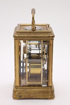 Lot 105 - DROCOURT PARIS, A LATE 19TH CENTURY FRENCH ENGRAVED GILT BRASS GORGE CASE REPEATING CARRIAGE CLOCK