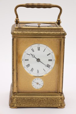 Lot 105 - DROCOURT PARIS, A LATE 19TH CENTURY FRENCH ENGRAVED GILT BRASS GORGE CASE REPEATING CARRIAGE CLOCK