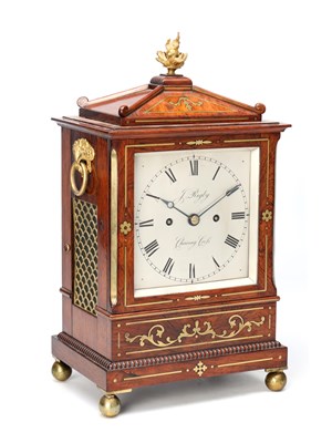 Lot 52 - JAMES RIGBY, CHARING CROSS. A SMALL REGENCY BRASS INLAID ROSEWOOD STRIKING BRACKET CLOCK