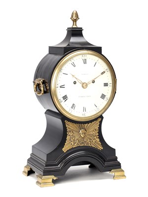 Lot A GEORGE III ENGLISH EBONISED BALLOON-SHAPED BRACKET CLOCK BY LEROUX, CHARING CROSS