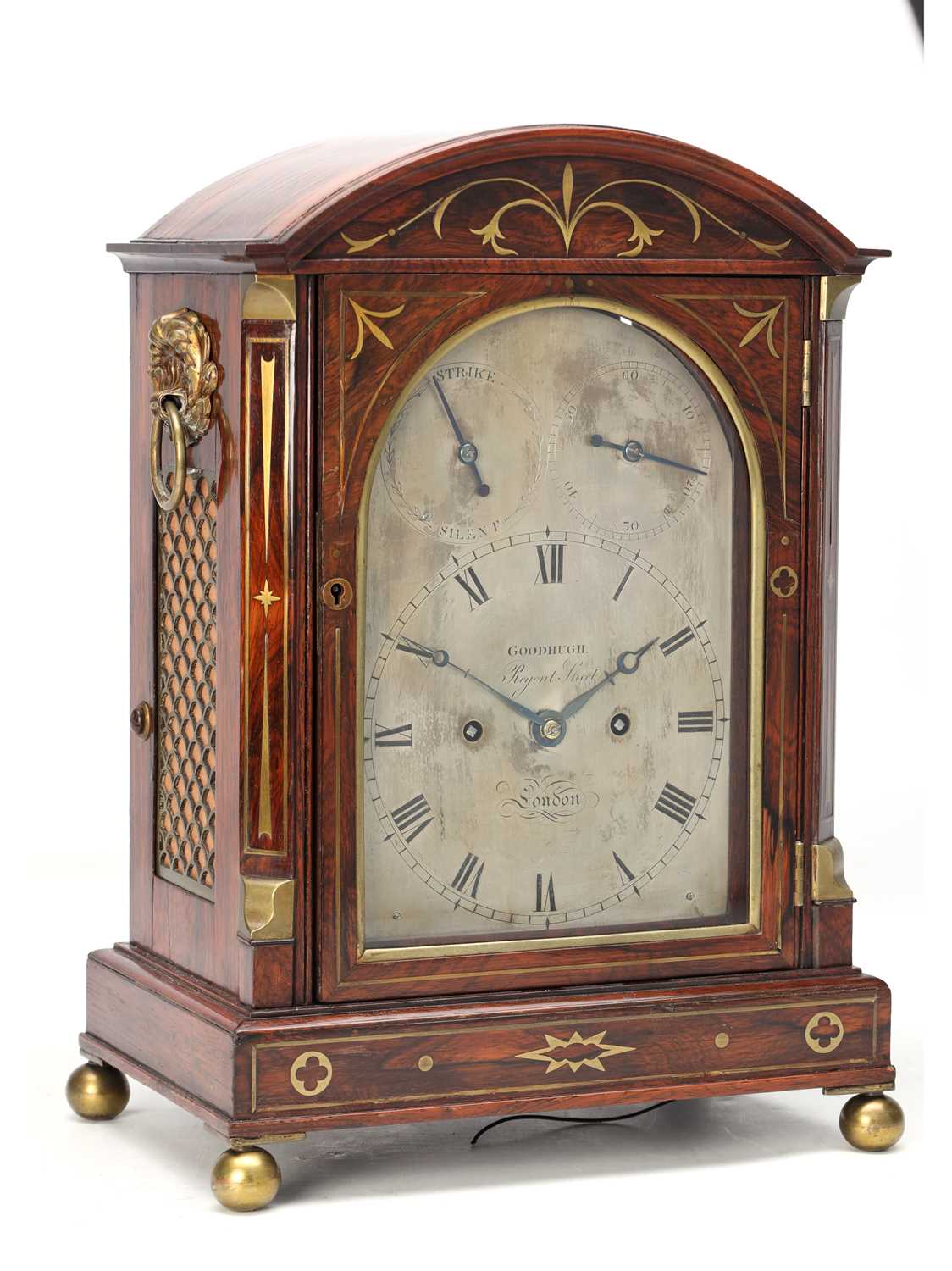 Lot 61 - GOODHUGH, REGENT ST. LONDON. A REGENCY BRASS INLAID ROSEWOOD STRIKING BRACKET CLOCK