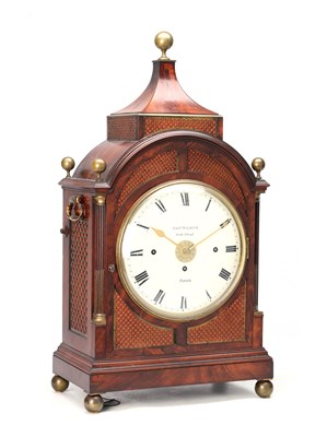 Lot 34 - GEORGE WILKINS, SOHO. A REGENCY FIGURED MAHOGANY QUARTER CHIMING BRACKET CLOCK WITH ALARM
