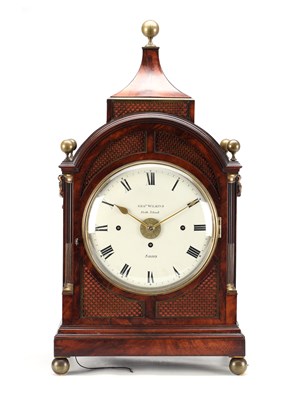 Lot 34 - GEORGE WILKINS, SOHO. A REGENCY FIGURED MAHOGANY QUARTER CHIMING BRACKET CLOCK WITH ALARM