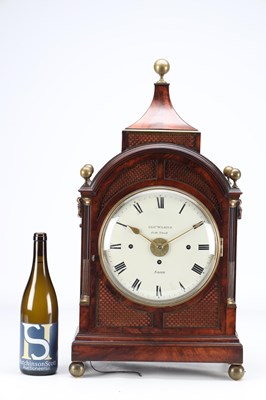 Lot 34 - GEORGE WILKINS, SOHO. A REGENCY FIGURED MAHOGANY QUARTER CHIMING BRACKET CLOCK WITH ALARM