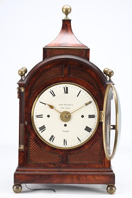 Lot 34 - GEORGE WILKINS, SOHO. A REGENCY FIGURED MAHOGANY QUARTER CHIMING BRACKET CLOCK WITH ALARM